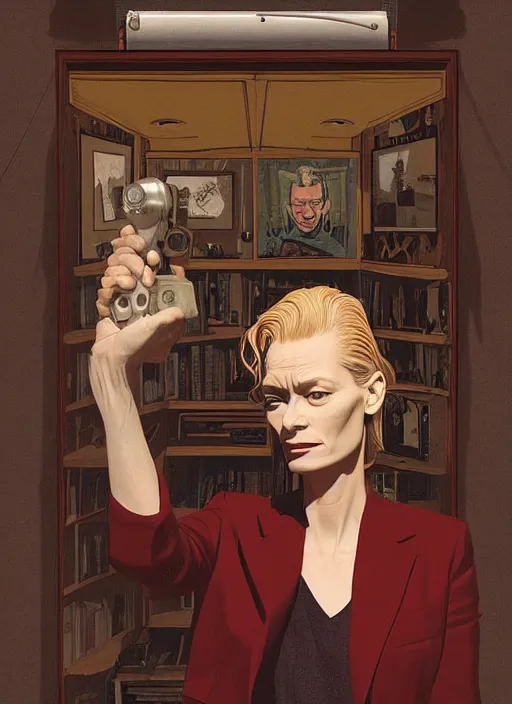 Image similar to Twin Peaks poster artwork by Michael Whelan, Bob Larkin and Tomer Hanuka, Karol Bak of portrait of radio host Tilda Swinton hanging out in her studio radio sound booth, from scene from Twin Peaks, simple illustration, domestic, nostalgic, from scene from Twin Peaks, clean, cover of New Yorker magazine