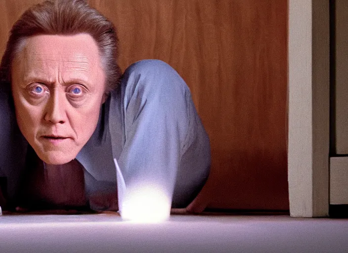 Image similar to film still of Christopher Walken hiding under a bed at night in the new Shining movie, 4k