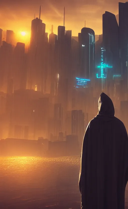 Image similar to a singular cloaked figure standing in the foreground of a cyberpunk landscape, synth, puddles, sunrise