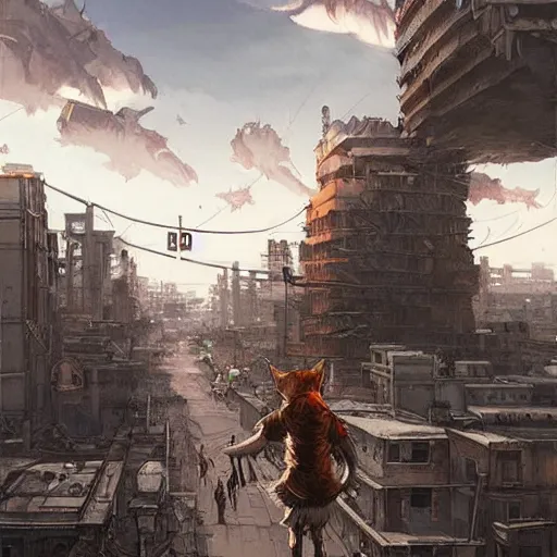 Image similar to gigantic cat walking on apocalyptic city, very detailed fine art, trend of artistation, style of kadinskyi and repin and greg rutkowski and ilia kuvshinov