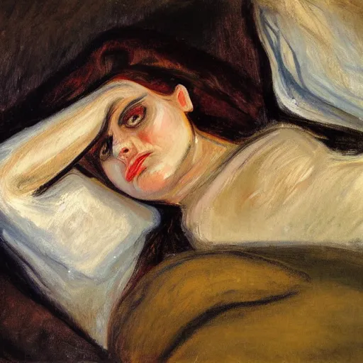 Image similar to lady with brown hair taking up too much space in bed in, oil painting in the style of edvard munch