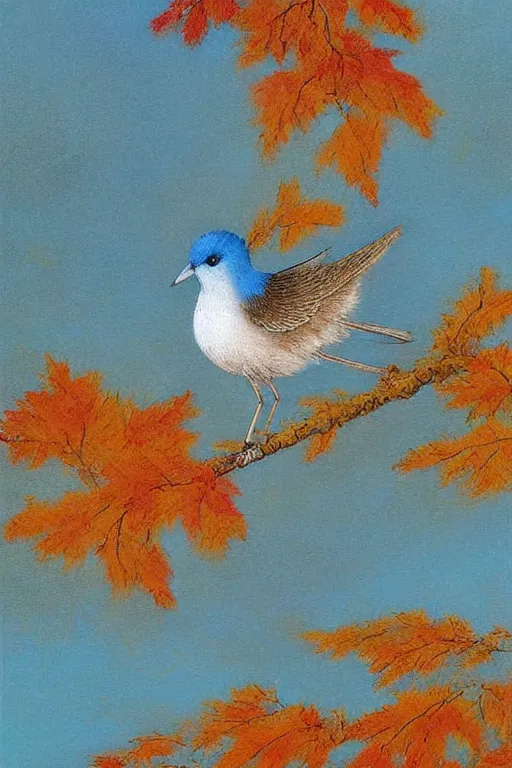 Image similar to meticulous painting, A small, delicate bird with pale blue plumage and long, skinny legs. It is hopping on the ground, searching for food. The background is a beautiful blue sky on a autumn day. by xue ji, bian luan, Ferdinand Knab, bob ross