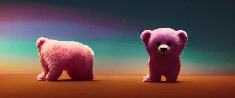 Image similar to a teddy bear with transparent skin painted by Mike Winkelmann, fluffy clouds, pink girl, cotton candy, dreamy soft, rainbow