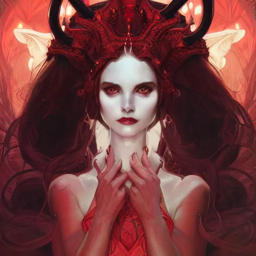 Prompt: Portrait of beautiful pale demon girl with horns, red lighting, intricate, elegant, highly detailed, digital painting, artstation, smooth, sharp focus, illustration, art by artgerm and greg rutkowski and alphonse mucha and Wayne Barlowe