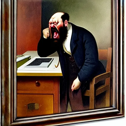 Image similar to an angry man yells at his computer monitor, oil on canvas, 1 9 0 1