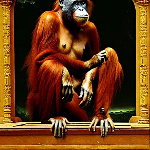 Image similar to a orangutan as the king of a kingdom sitting on his throne, digital art, renaissance painting, fantasy art, ultra detailed, as coherent as Dall-E 2