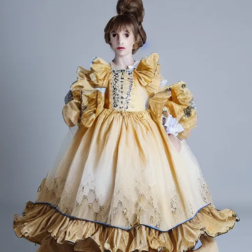 Prompt: goldfish inspired baroque dress with puffy sleeves