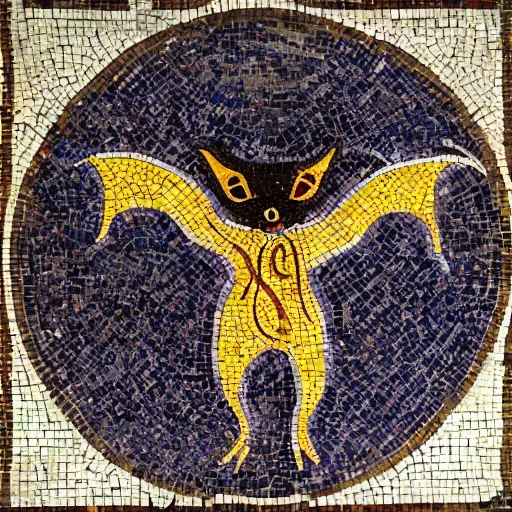 Image similar to medium shot Mosaic depicting a cute realistic adorable vampire bat, realistic wings, looking left, round blue background, from Italica, AD 176-275. Archaeological Museum, Seville. Byzantine mosaics, highly detailed, HQ, HD, beautiful, National Geographic,