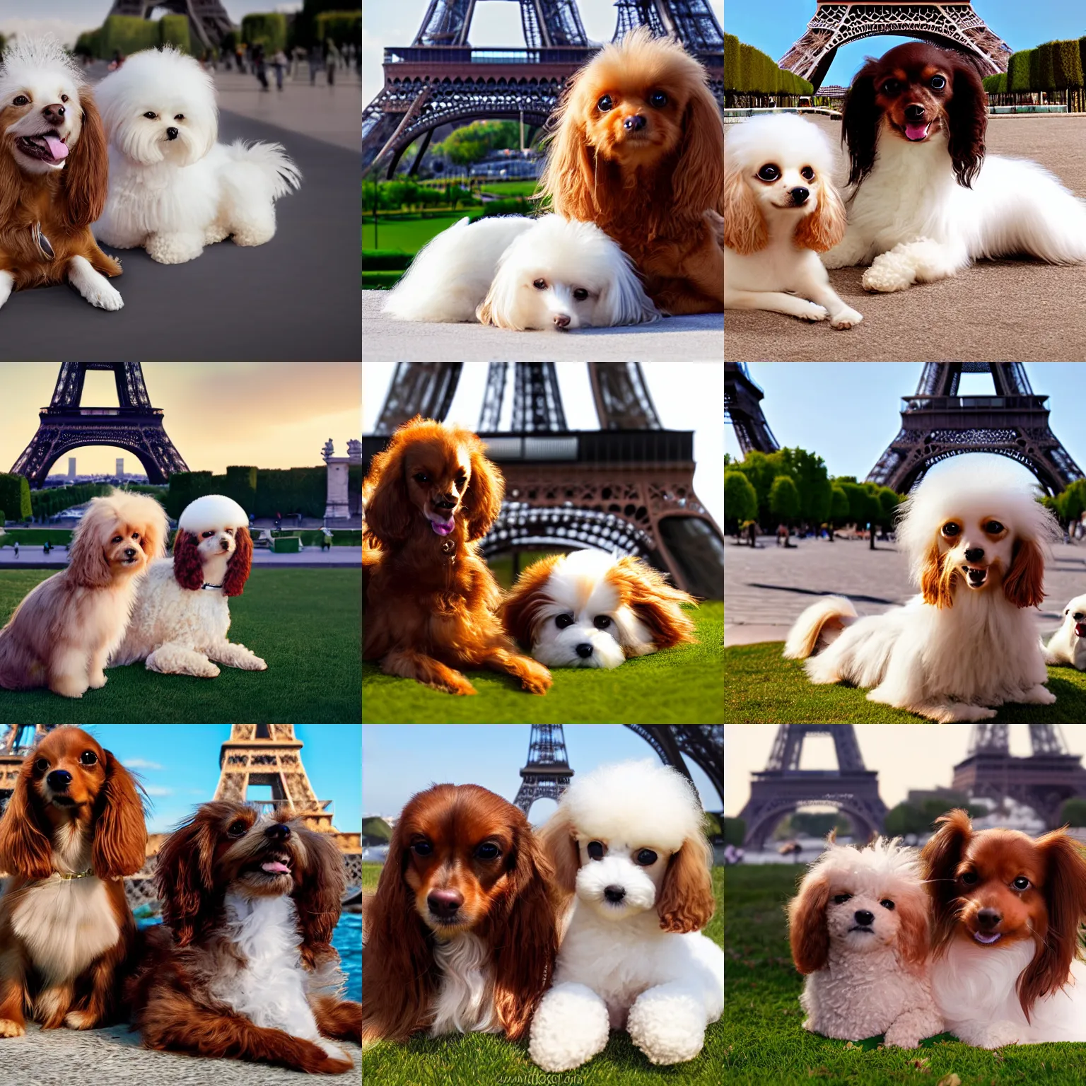 Prompt: a photorealistic closeup image of a cute brown colored long haired chihuahua cocker spaniel dog laying with an adorable smiling white bichon frise dog in paris in front of the eiffel tower. brightly lit. extreme detail. 4 k hd unreal engine