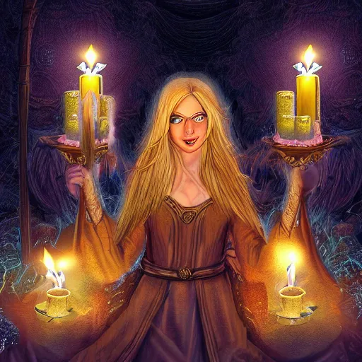 Image similar to High fantasy scene of a sorceress with long blonde hair surrounded by hooded figures and candles; digital art