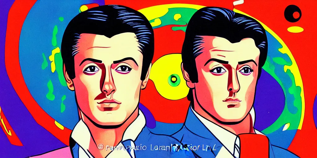 Image similar to traditional drawn colorful animation a symmetrical portrait of Alain Delon Stallone from 1960 60s pilot in posing in spaceship station planet captain bridge, сomet tail, outer worlds, robots, extraterrestrial hyper contrast well drawn in Jean Henri Gaston Giraud animation film The Masters of Time FANTASTIC PLANET La planète sauvage animation by René Laloux