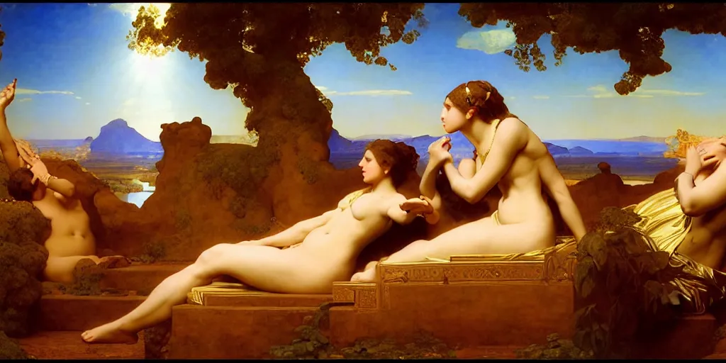 Image similar to an oasis in the middle of the desert, by Frederic Leighton and Daniel Maclise and Rolf Armstrong and Evelyn De Morgan and Bastien Lecouffe-Deharme, dutch golden age, dramatic lighting, high contrast colors, baroque, empyrean, panoramic view, cgsociety, highly detailed, doom engine,