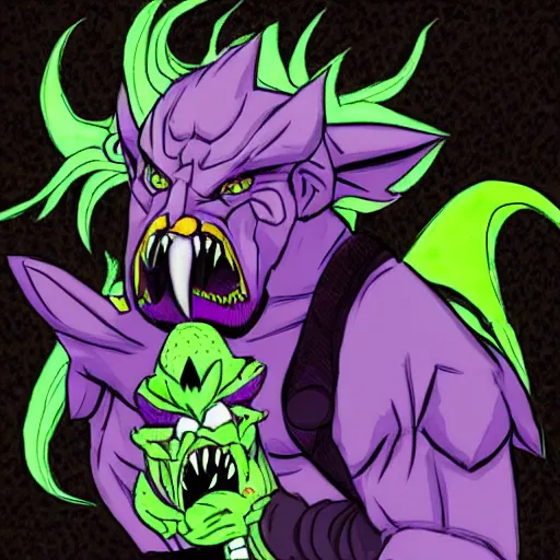 Prompt: Dungoen and Dragons bugbear with green hair and purple eyes he looks angry at his knife