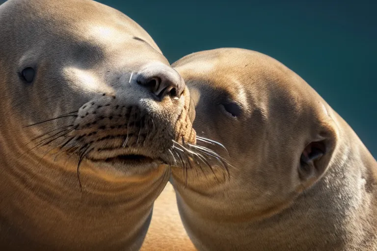 Prompt: professional photo of a sea lion body and canine wolf muzzle head strange chimera scientific