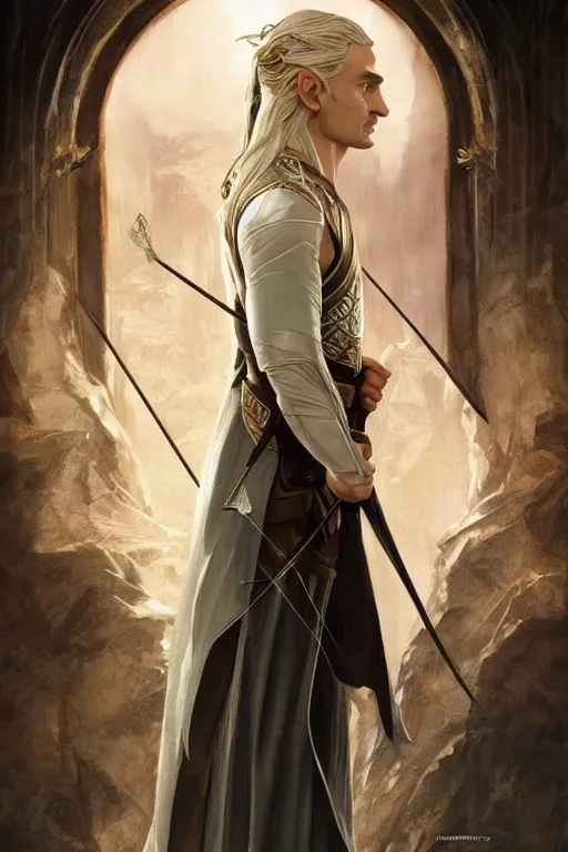 Image similar to legolas, lord of the rings elf, intricate, elegant, highly detailed, digital painting, artstation, concept art, smooth, sharp focus, illustration, art by artgerm and greg rutkowski and alphonse mucha