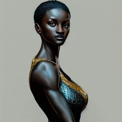 Image similar to full figure ultra realistic illustration, jodie turner - smith as ororo munroe, intricate, elegant, highly detailed, digital painting, artstation, concept art, smooth, sharp focus, illustration, art by artgerm and greg rutkowski and alphonse mucha