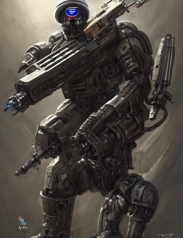 Image similar to a portrait of a tactical exoskeleton with miniguns painted with the pepsi logo, by moebius and tyler edlin and hr giger, trending on artstation, digital art, 4 k resolution, detailed, high quality, sharp focus, hq artwork, coherent, insane detail, concept art