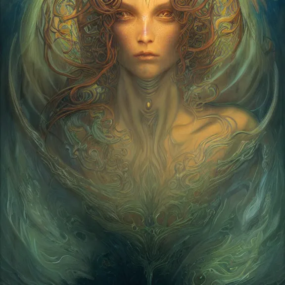 Image similar to a highly detailed portrait in the style of jean delville and in the style of peter mohrbacher. glowing rune of magical power.
