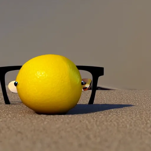 Prompt: 3 d render of a lemon wearing glasses relaxes on the beach, octane 3 d render