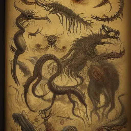 Prompt: bestiary of creatures from the depths of the unconscious psyche