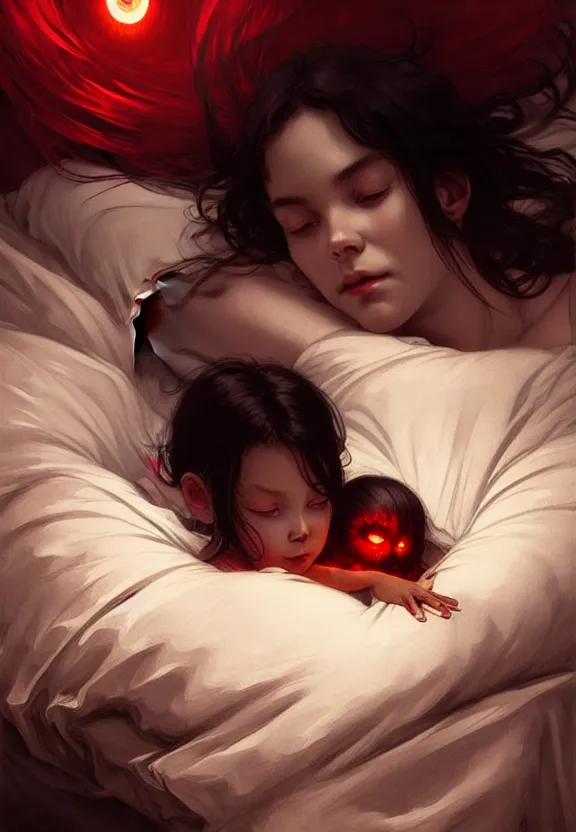 Prompt: a black smoked demon with red eyes floating above the bed of a sleeping child, fantasy magic, dark light night, intricate, elegant, sharp focus, illustration, highly detailed, digital painting, concept art, matte, art by wlop and artgerm and greg rutkowski and alphonse mucha, masterpiece