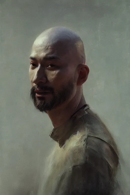 Image similar to beautiful bald kazakh guy with a short beard, painted by ruan jia, realistic, dramatic light