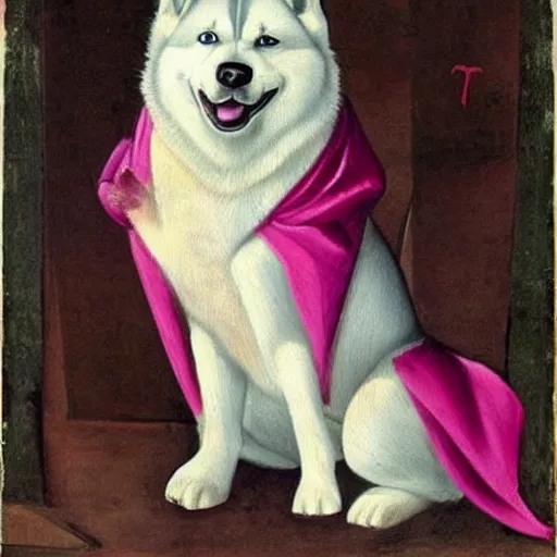 Prompt: fat siberian husky dog princess in pink gown with a goofy expression, medieval painting