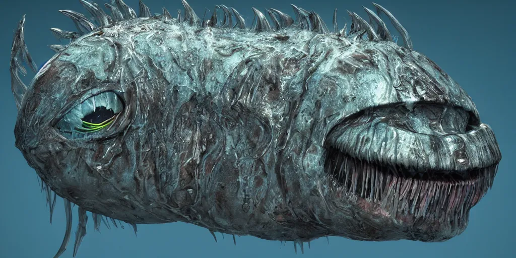 Image similar to angler fish, stylized layered textures, long flowing fins, bioluminescent orbs, 3 d render, substance painter, glowing eye, smooth, sharp focus, art by h r giger
