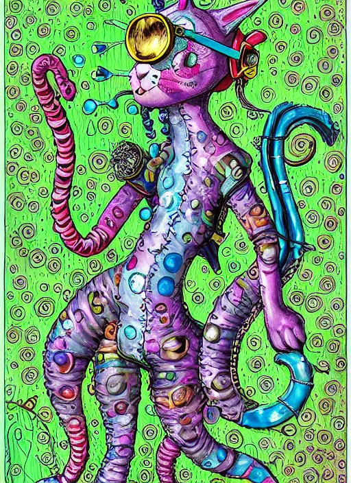 Prompt: cat seahorse fursona wearing an eccentric outfit with headphones and goggles, autistic bisexual graphic designer, long haired attractive androgynous coherent detailed character design, weirdcore voidpunk digital art by william joyce and louis wain, furaffinity, cgsociety