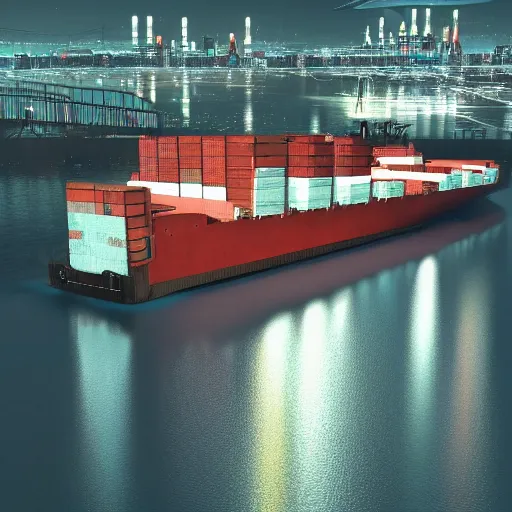 Image similar to photo of Immense industrial futuristic cargo ship arrives at cyber punk city sea port, cinematic lighting, photo