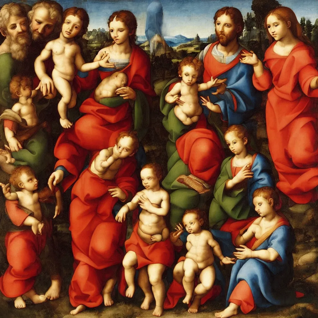 Prompt: The Holy Family, depicting Virgin Mary, Saint Joseph, the god child and young Saint John the Baptist, Painting by Raphael