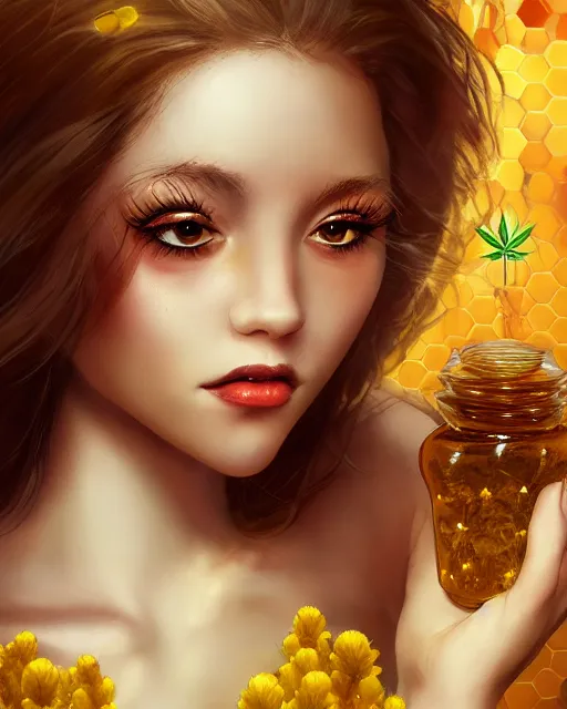 Image similar to beautiful marijuana as honey, made of honey, wearing honey - themed miniskirt, award winning creature portrait photography, extremely detailed, artstation, 8 k, sensual lighting, incredible art, wlop, artgerm, backlit, rim lighting, hi - fructose