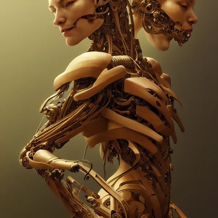 Image similar to organic cyborg, japanese wood carving, diffuse lighting, fantasy, elegant, lifelike, photorealistic, digital painting, artstation, illustration, concept art, smooth, sharp focus, art by John Collier and Albert Aublet and Krenz Cushart and Artem Demura and Alphonse Mucha