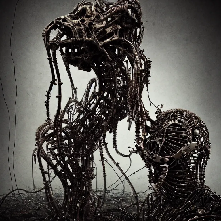 Image similar to portrait of abandoned ribbed biomechanical mechanical organic sculpture of two kissing cyborgs, covered with wires, spines, roots, ash, mold, meat, baroque painting, standing in a desolate empty wasteland, creepy, nightmare, dream-like heavy atmosphere, dark fog, surreal abandoned buildings, baroque painting, beautiful detailed intricate insanely detailed octane render trending on Artstation, 8K artistic photography, photorealistic, volumetric cinematic light, chiaroscuro, zoomed out, Raphael, Caravaggio, Beksinski, Giger
