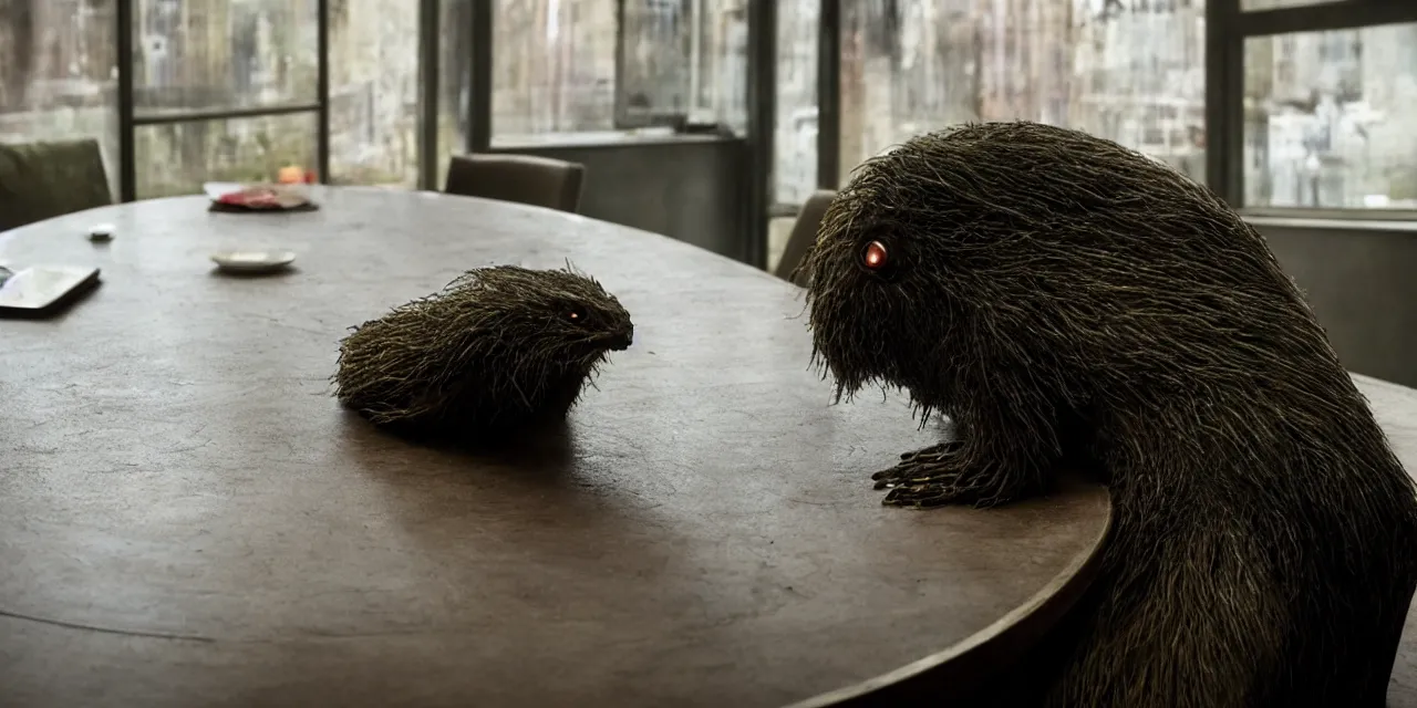 Prompt: a strange creature sits at a table, film still from the movie directed by Denis Villeneuve with art direction by David Cronenberg, close up, telephoto lens, shallow depth of field