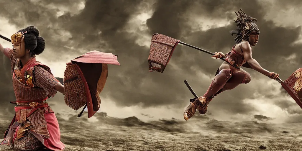 Image similar to a film still of a black woman starring in a japanese blockbuster film as ancient samurai, levitating mid air, intense, shallow depth of field, cinematic, award winning cgi, vfx, film still