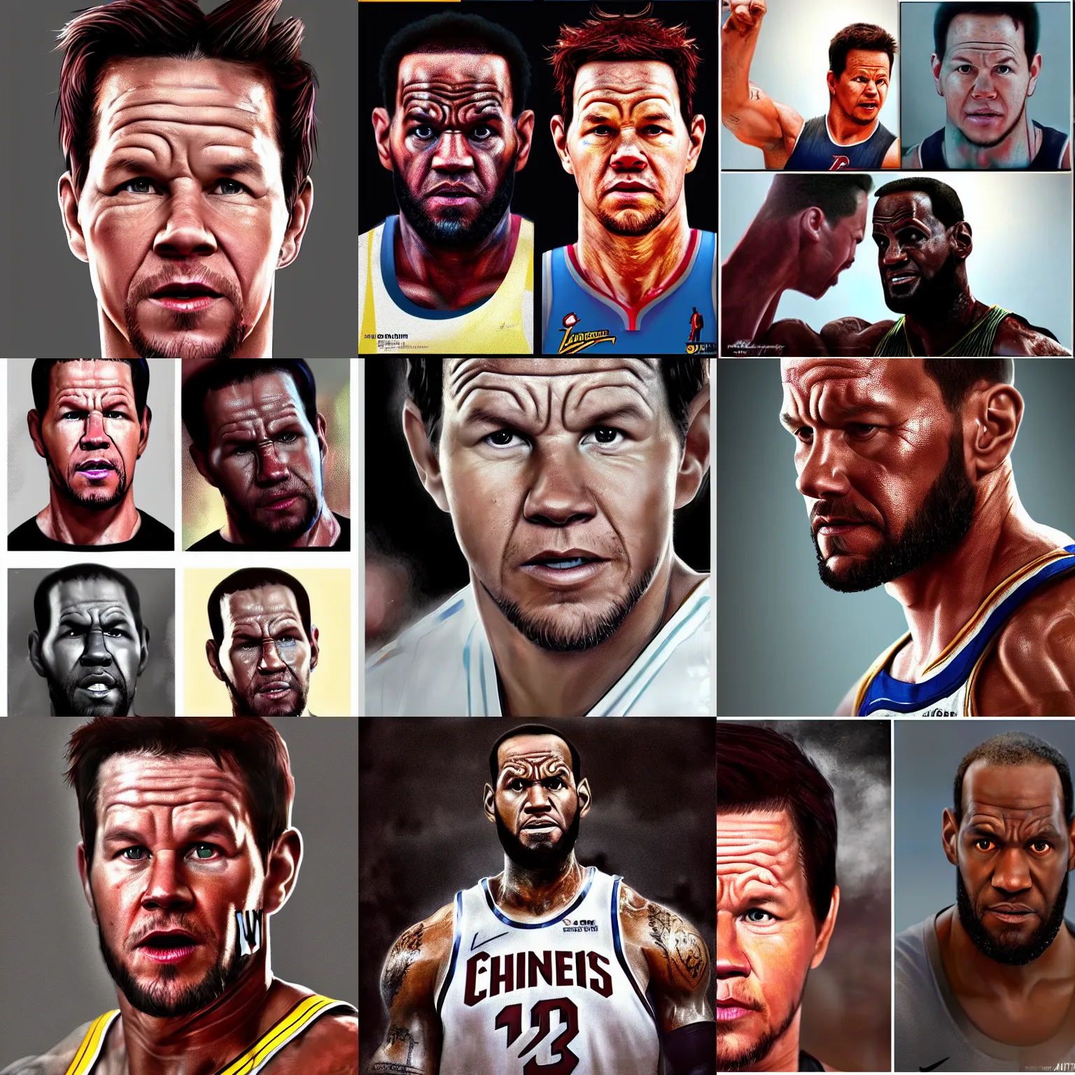 Prompt: mark wahlberg in makeup portraying lebron james, movie promotional image, vibrant art, trending on artstation