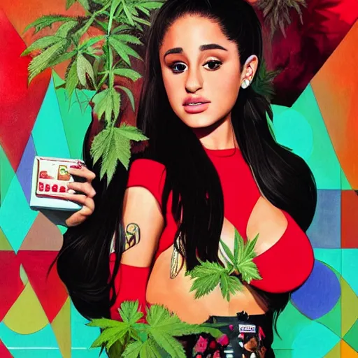 Prompt: 2 0 1 4 high times magazine ariana grande portrait painting : 5 marijuana, reefer, hard edges, green white and red, geometric shapes, fisheye lens, sexy, by sachin teng : 6