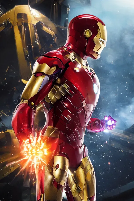 Image similar to iron man with the infinity gauntlet connected into the suit, cinematic, volumetric lighting, f 8 aperture, cinematic eastman 5 3 8 4 film, photorealistic