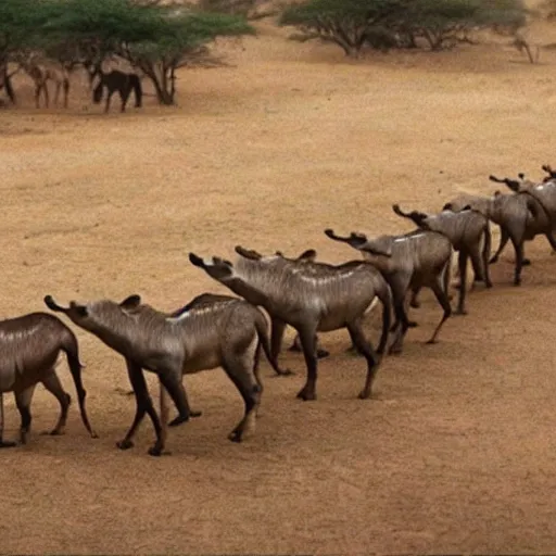 Image similar to cinematic film still of rows of pairs of various african mammals lined up to enter Noah's ark, directed by Steven Spielberg,