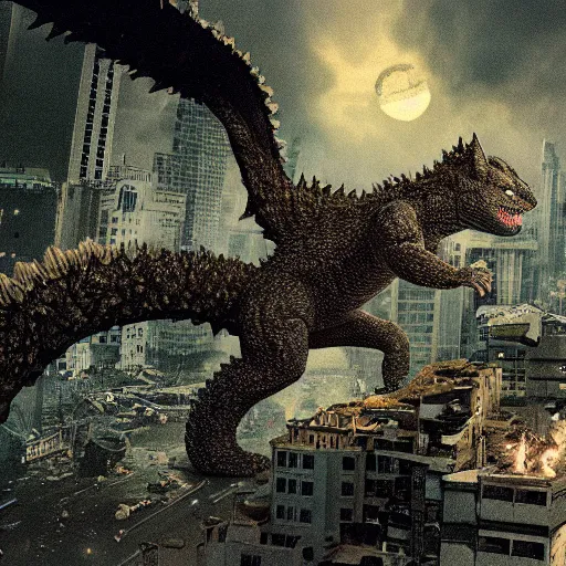 Image similar to kitty - godzilla destroying a city