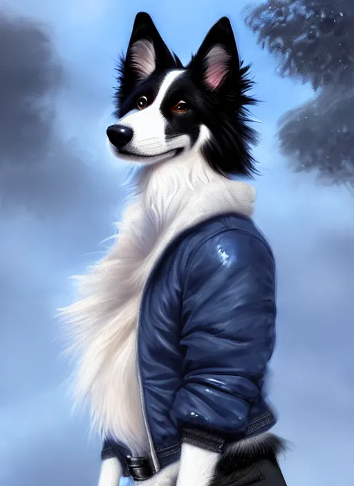 Image similar to full body digital painting of a cute male anthropomorphic border collie fursona wearing a jacket in front of a park, furaffinity, scenic background, intricate, elegant, beautiful, fantasy, highly detailed, trending on artstation, art by charlie bowater, henry asencio, and ross tran