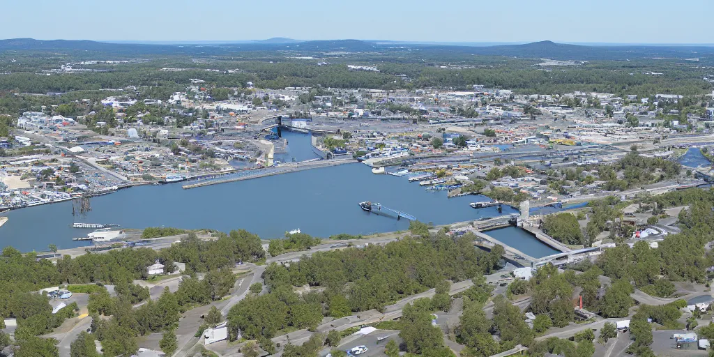 Image similar to bird's eye view of a city, trailer park, a road, bridge, and inlet with docking area.