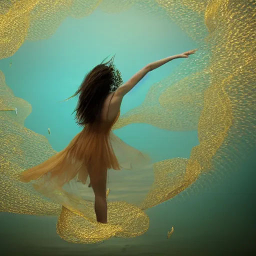 Prompt: woman dancing and spinning underwater while wearing a dress made of many very long layers of thin sheer gold and silver fabrics flowing in the fast current, hundreds of tiny bubbles in the foreground somewhat obscure and blur her body, coral sea bottom, swirling schools of silver fish, bubbles, swirling smoke shapes, octane render, bright caustics lighting from above, cinematic