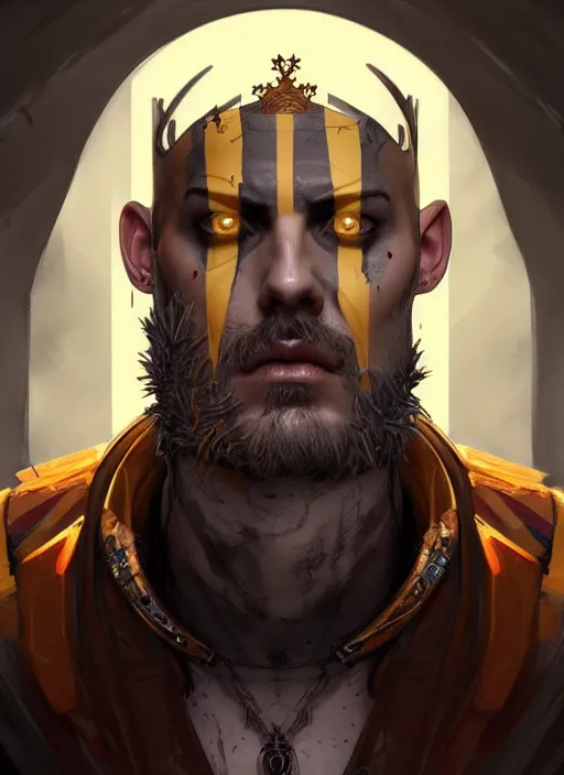 Image similar to symmetry!! portrait of crowned! borderlands 3 ( male ) psycho, ( beard ) ( scars ) ( wounds ) ( piercings ), intricate, elegant, highly detailed, digital painting, artstation, concept art, smooth, sharp focus, illustration, art by artgerm and greg rutkowski and alphonse mucha, 8 k