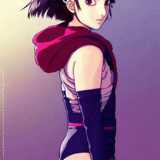 Image similar to a beautiful! boyish! natalie portman alluring gravure! model, wearing oversized mayan bomber jacket and leotard with overalls, bulky poofy bomber jacket with mayan patterns, gapmoe yandere grimdark, trending on pixiv fanbox, painted by greg rutkowski makoto shinkai takashi takeuchi studio ghibli, akihiko yoshida