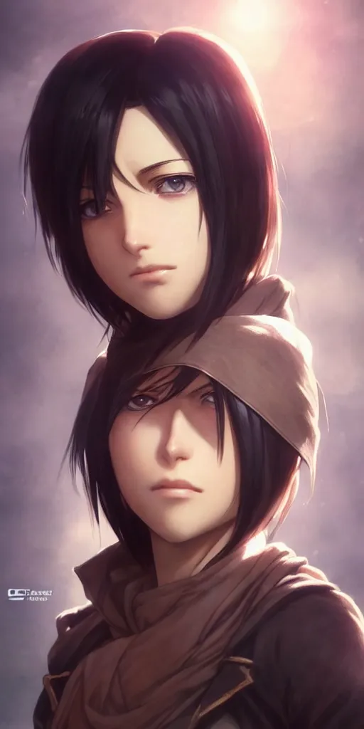 Image similar to mikasa ackerman, hero pose, medium shot, bokeh, beautiful face!!!!, 2 7 years old, cg animation, lifelike, animated, realistic, character select portrait, by artgerm, greg rutkowski, alphonse mucha, 3 d