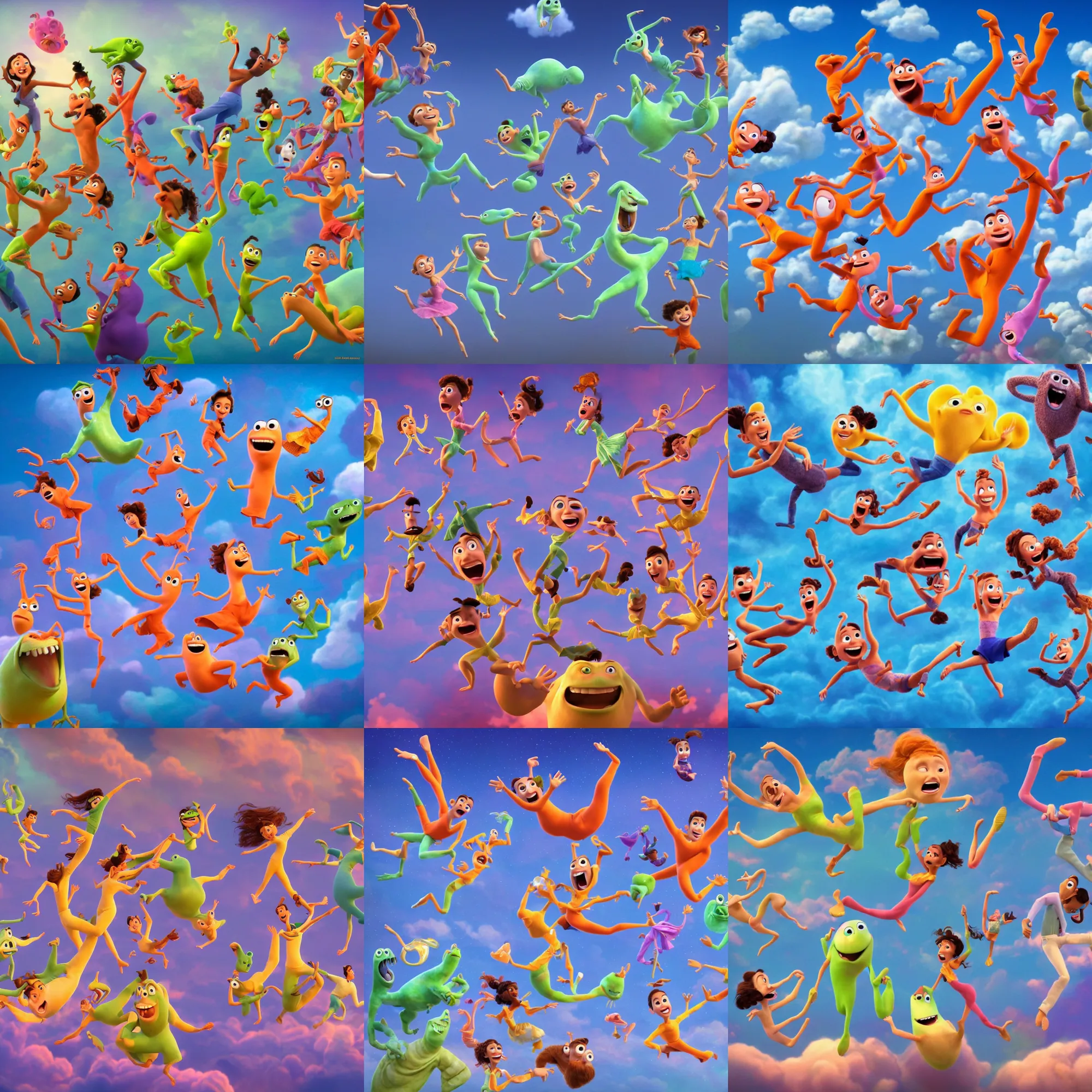 Prompt: full body shot of dancers dancing on the clouds, 3 d animated pixar illumination studios animated movie by pete docter, extremely joyful and eerie smiles, slimy fluid liquid