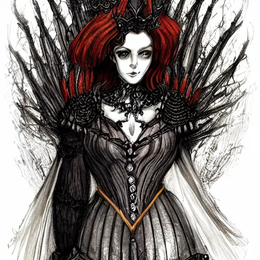 Prompt: Detailed Beautiful and symmetrical witch of fire wearing victorian dress and rusty crown, dark souls, concept art