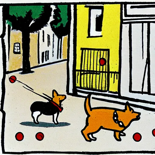 Image similar to illustration of french boy on the streets of paris playing football against a corgi, the dog is wearing a polka dot scarf, comic, 1 9 7 2